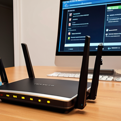 Home 4 Router Troubleshoot**
Prompt: A frustrated person restarting a wireless router in a home setting, with a smartphone and laptop nearby. Focus on the commonness of network issues.
**
