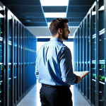 A professional network engineer in a modest, professional business casual shirt and trousers, standing confidently in a clean, modern data center environment. Large server racks with subtle glowing indicators line the background. The engineer is observing a transparent, holographic interface displaying intricate network architecture diagrams and lines of code, representing Infrastructure as Code (IaC) in action. His posture is natural, and hands are well-formed, subtly gesturing towards the display. This image is safe for work, appropriate content, fully clothed, professional, with perfect anatomy, correct proportions, natural body proportions.