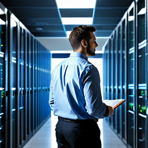 Home 14 A professional network engineer in a modest, professional business casual shirt and trousers, standing confidently in a clean, modern data center environment. Large server racks with subtle glowing indicators line the background. The engineer is observing a transparent, holographic interface displaying intricate network architecture diagrams and lines of code, representing Infrastructure as Code (IaC) in action. His posture is natural, and hands are well-formed, subtly gesturing towards the display. This image is safe for work, appropriate content, fully clothed, professional, with perfect anatomy, correct proportions, natural body proportions.