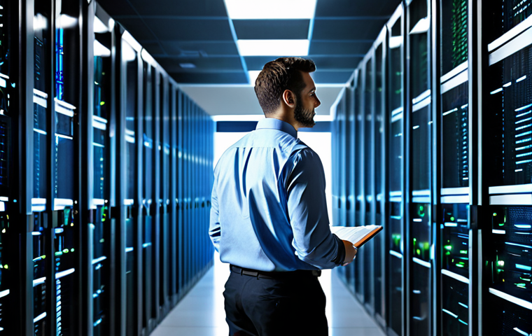 A professional network engineer in a modest, professional business casual shirt and trousers, standing confidently in a clean, modern data center environment. Large server racks with subtle glowing indicators line the background. The engineer is observing a transparent, holographic interface displaying intricate network architecture diagrams and lines of code, representing Infrastructure as Code (IaC) in action. His posture is natural, and hands are well-formed, subtly gesturing towards the display. This image is safe for work, appropriate content, fully clothed, professional, with perfect anatomy, correct proportions, natural body proportions.
