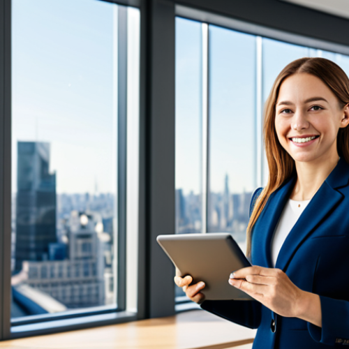 Home 7 **
"A professional businesswoman in a modest, navy blue business suit, standing in a modern, sunlit office. Behind her is a blurred cityscape view through a large window. She is holding a tablet and smiling confidently. Fully clothed, appropriate attire, safe for work, perfect anatomy, natural proportions, professional photography, high resolution."
**