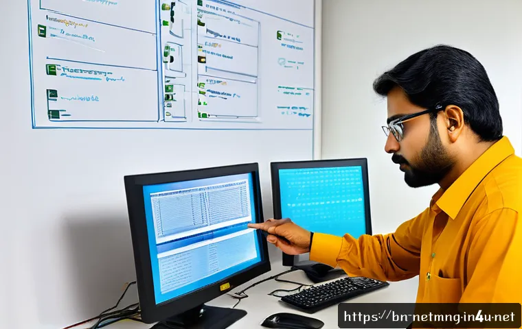 네트워크 관리자 취업 준비 팁 - A detailed professional office scene showing a Bengali network administrator in his 30s, wearing bus...
