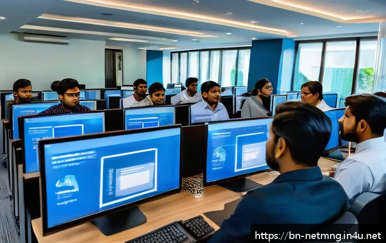 네트워크 관리의 윤리적 이슈 - A detailed, professional office environment in Bangladesh, showing a diverse group of Bengali IT pro...