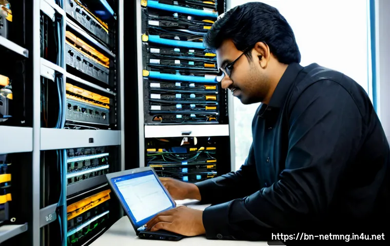 네트워크 관리자 직무 역량 개발 - Photorealistic South Asian network administrator in a modern office, calmly configuring a server rac...