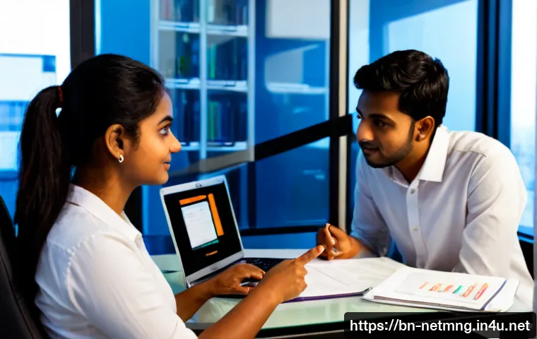 네트워크 관리자의 멘토 찾기 - Photorealistic mentoring session between an experienced Bangladeshi network administrator and a youn...
